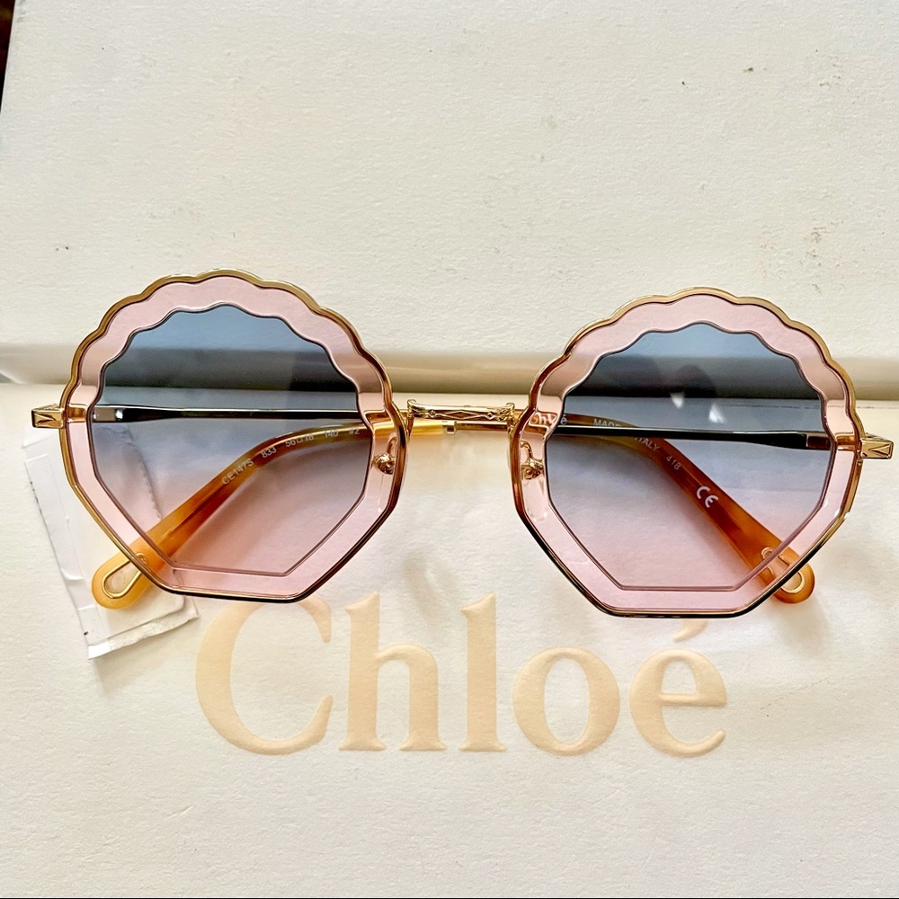 NWT Chloé 56MM Geometric Sunglasses in Gold Blue